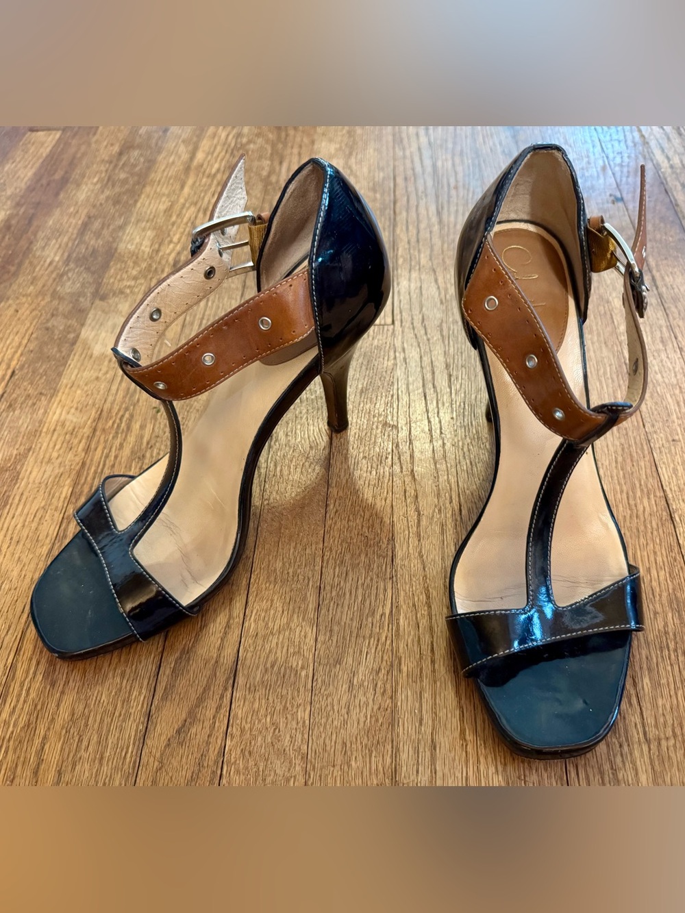 Cole Haan Black Patent & Brown Leather T-Strap Heels